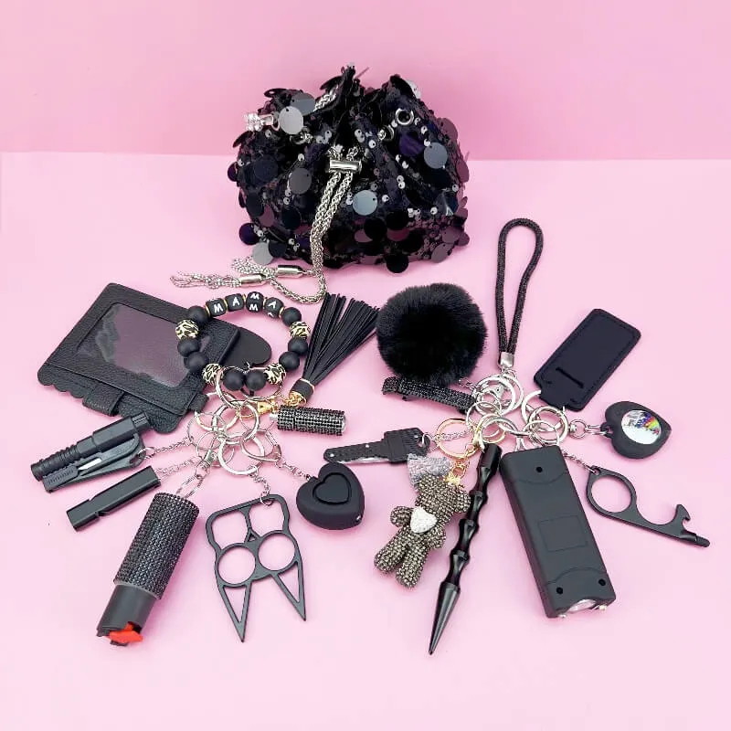 Premium black sequin dinner bag with complete 19-piece self-defense toolkit. Elegant evening safety solution combining style with personal protection for women's security.